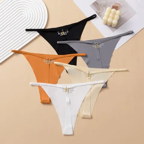 Perizoma Donna Sexy in Seta di Ghiaccio Senza Cuciture a Vita Bassa Tanga Con Anello di Metallo Intimo Traspirante T-Back da Donna