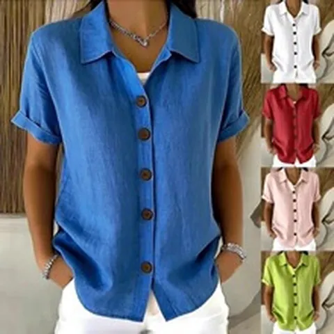 Women's Casual Cotton Polyester Solid Color Lapel Button Up T-Shirt Summer Loose Short Sleeve Top Comfortable Daily Streetwear