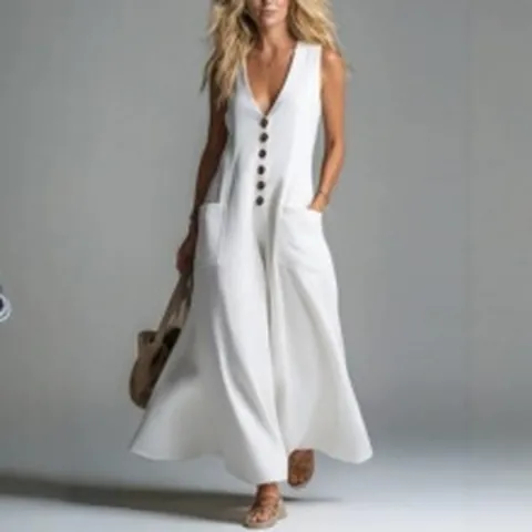 Women's European Summer Deep V-Neck Sleeveless Solid Color Maxi Dress With Patch Pockets And Single Breasted Button Decoration Elegant Casual Straight Dress