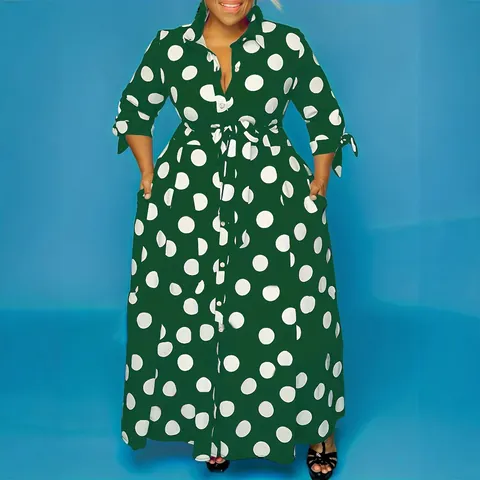 Vestido Camisero de Manga Larga con Estampado de Lunares para Mujer Talla Grande Elegante Vestido Largo con Cinturón