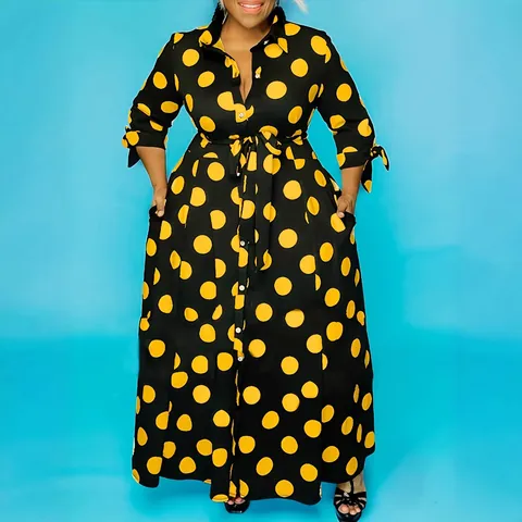Vestido Camisero de Manga Larga con Estampado de Lunares para Mujer Talla Grande Elegante Vestido Largo con Cinturón