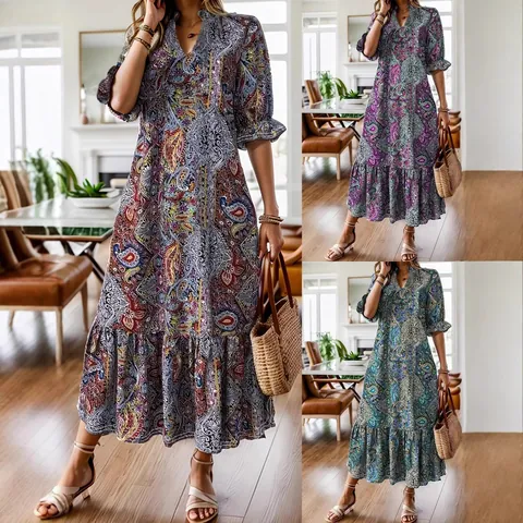 Robe Bohème pour Femme Imprimé Paisley Col en V Ourlet Irrégulier Coupe Slim Manches Volants Streetwear Ethnique