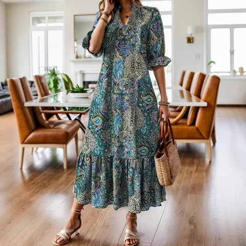 Robe Bohème pour Femme Imprimé Paisley Col en V Ourlet Irrégulier Coupe Slim Manches Volants Streetwear Ethnique