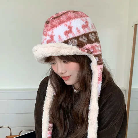 Women's Fair Isle Thickened Plush Trapper Hat Winter Warm Windproof Ear Protection Aviator Hat With Straps Geometric Cap