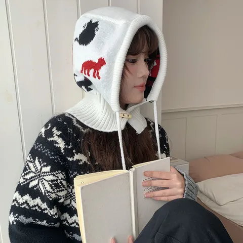 Women Winter Balaclava Integrated Hooded Neck Scarf Hat Thickened Warm Ear Protection Polyester Cartoon Cat Jacquard Knit Pullover Hat