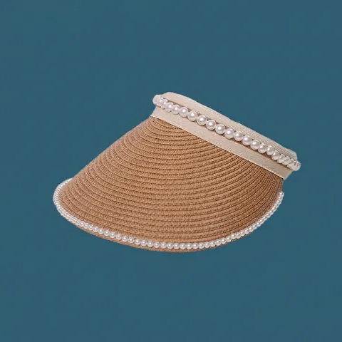 Women Empty Top Straw Sun Visor Hat With Artificial Pearl Trim Summer Breathable Wide Brim Beach Hat Korean Style Sunshade Cap