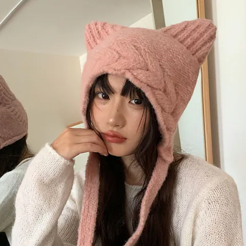 Women Cute Cat Ears Knitted Beanie Hat Japanese Style Earflap Trapper Hat Solid Color Warm Winter Cable Knit Skull Cap