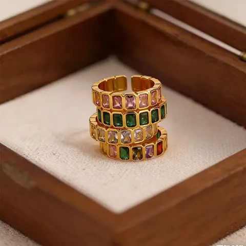 Vintage Luxury Geometric Alloy Rhinestone Open Ring For Women Minimalist Adjustable Colorful Sparkle Finger Jewelry Fashion Gift