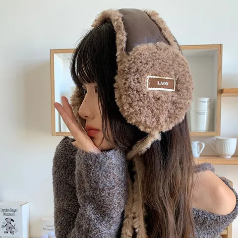 Women's Korean Style Tie-Up Plush Earmuffs Thickened Winter Warm PU Leather Patchwork Cycling Ear Covers For Outdoor Cold Weather