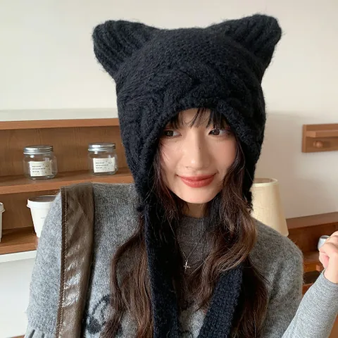 Women Cute Cat Ears Knitted Beanie Hat Japanese Style Earflap Trapper Hat Solid Color Warm Winter Cable Knit Skull Cap