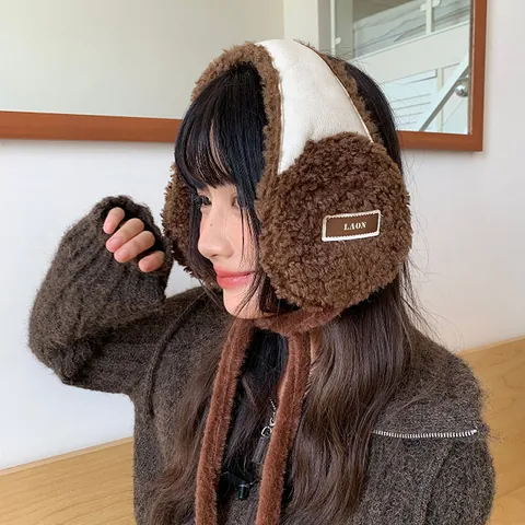 Women's Korean Style Tie-Up Plush Earmuffs Thickened Winter Warm PU Leather Patchwork Cycling Ear Covers For Outdoor Cold Weather