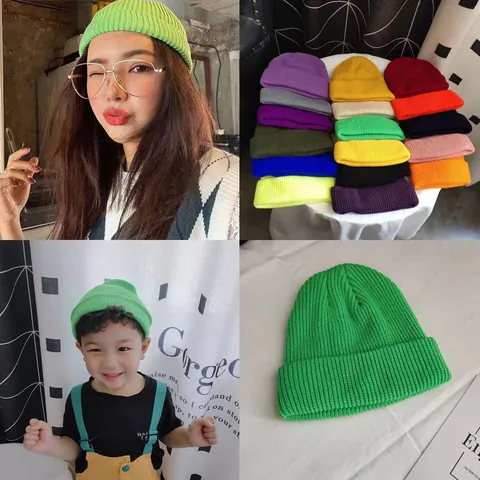 Casual Unisex Acrylic Knit Beanie Hat Round Top Rolled Edge Short Skullcap Hip Hop Streetwear Solid Color Warm Winter Cap
