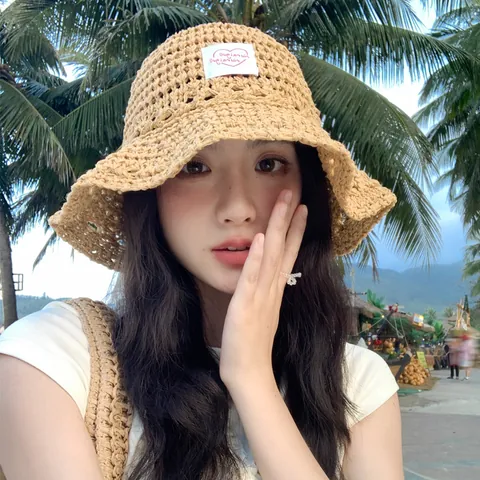Sombrero de Pescador Calado Tejido para Mujer Acrílico Transpirable Protección Solar Verano Playa Viaje Bucket Hat Etiqueta Corazón Casual Plegable Parasol