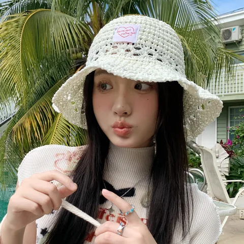 Sombrero de Pescador Calado Tejido para Mujer Acrílico Transpirable Protección Solar Verano Playa Viaje Bucket Hat Etiqueta Corazón Casual Plegable Parasol