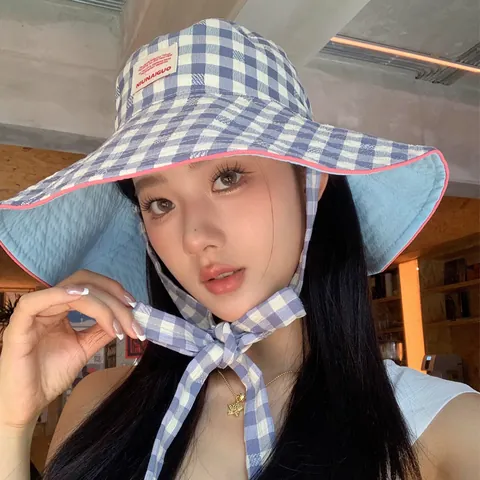 Korean Style Checkered Wide Brim Tie Bucket Hat For Women Summer Sun Protection Foldable Fisherman Hat Outdoor Plaid Basin Hat