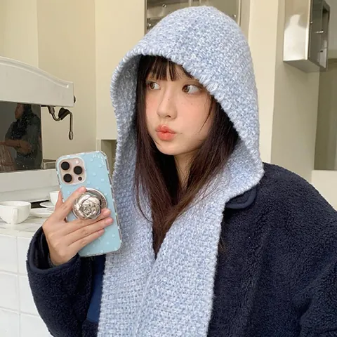 Korean Style Integrated Hooded Scarf Knitted Hat Women Autumn Winter Warm Ear Protection Cap Thick Knit Cap Neck Warmer Shawl