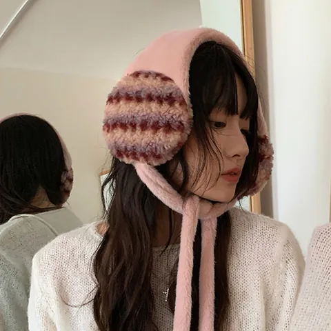 Korean Style Plush Earmuffs For Women Winter Warm Striped Ear Covers With Long Ribbon Soft Fuzzy Ear Warmers For Riding Travel
