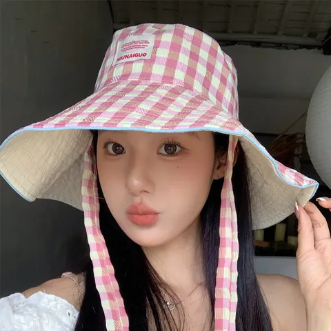 Korean Style Checkered Wide Brim Tie Bucket Hat For Women Summer Sun Protection Foldable Fisherman Hat Outdoor Plaid Basin Hat