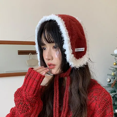 Women's Korean Style Plush Lace-up Earmuffs Winter Warm Windproof Knitted Ear Warmers Contrast Color Outdoor Ear Covers