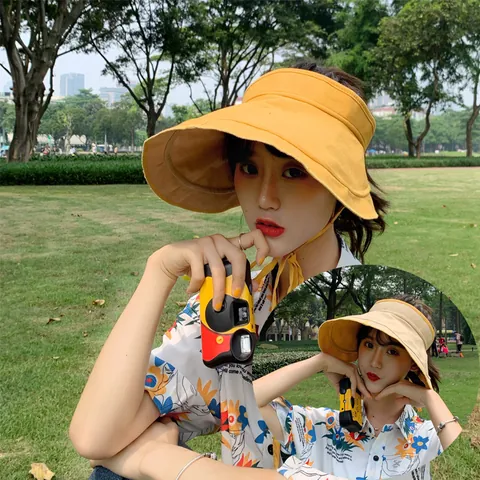 Chapeau de Soleil à Large Bord pour Femmes Visière Vide Coton Polyester Aspect Lin Respirant Protection UV Chapeau Réversible Casquette de Plage d'Été Avec Lanière