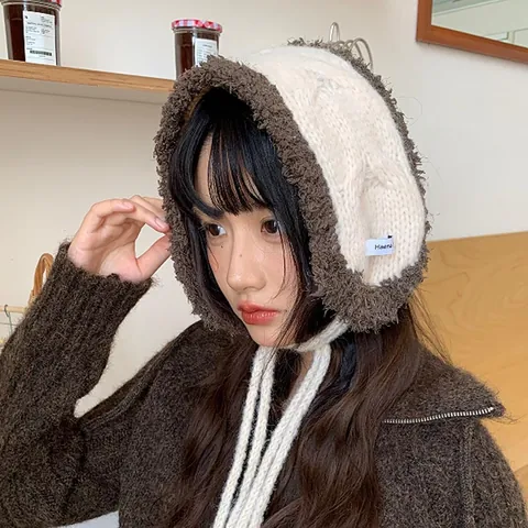 Women's Korean Style Plush Lace-up Earmuffs Winter Warm Windproof Knitted Ear Warmers Contrast Color Outdoor Ear Covers