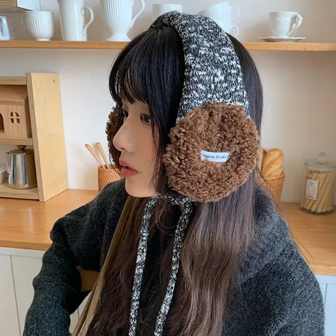 Women Korean Style Color Block Warm Earmuffs Winter Outdoor Plush Knitted Ear Covers Cold Protection Earpads With Tie Strap