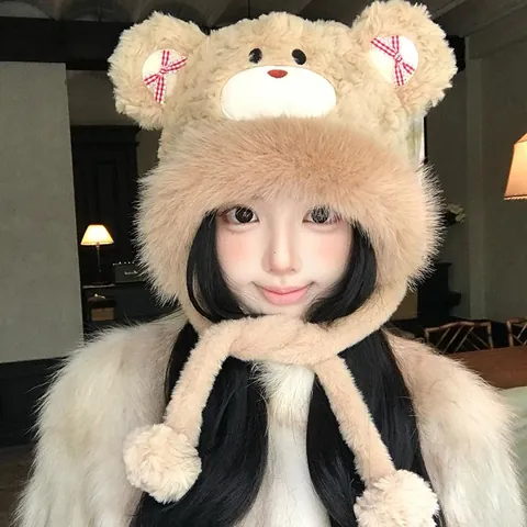 Women Sweet Plush Bear Ear Lei Feng Hat Winter Warm Trapper Hat With Checkered Bows Faux Fur Ear Protection Outdoor Cap