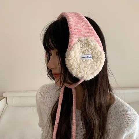 Women Korean Style Color Block Warm Earmuffs Winter Outdoor Plush Knitted Ear Covers Cold Protection Earpads With Tie Strap