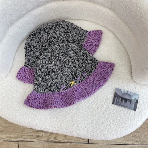 Japanese Style Handmade Color Block Knitted Bucket Hat Acrylic Mixed Color Winter Warm Women Crochet Beanie Hat