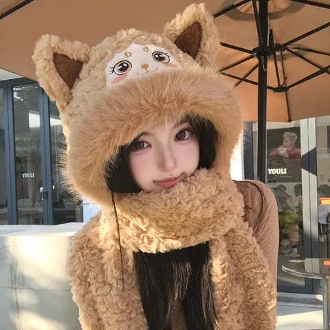 Women Winter Thickened Plush Hooded Scarf Hat Integrated Set With Cute Cat Ears Warm Windproof Polyester Earflap Cap
