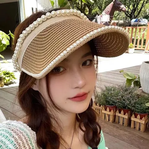 Women Empty Top Straw Sun Visor Hat With Artificial Pearl Trim Summer Breathable Wide Brim Beach Hat Korean Style Sunshade Cap