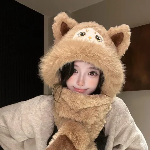 Women Winter Thickened Plush Hooded Scarf Hat Integrated Set With Cute Cat Ears Warm Windproof Polyester Earflap Cap