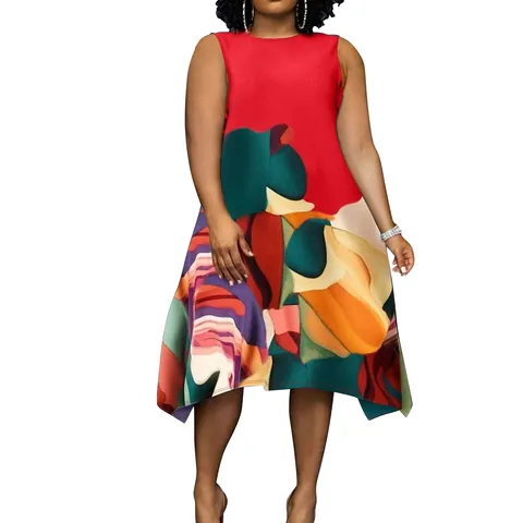 Robe Grande Taille Femmes Col Rond Sans Manches Rouge Contraste Imprimé Géométrique Abstrait Artistique Décontracté Coupe en A