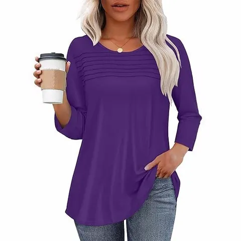 Camiseta de Algodón Orgánico Casual para Mujer Cuello Redondo Plisado Manga 3/4 Top Básico Color Sólido Estampado Leopardo Moda