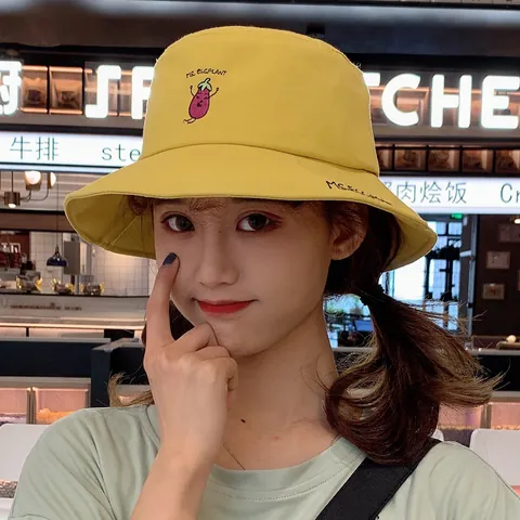 Women Japanese Style Fruit Embroidery Fisherman Hat Cute Flat Top Bucket Hat Summer Sunshade Canvas Sun Hat For Youth Student