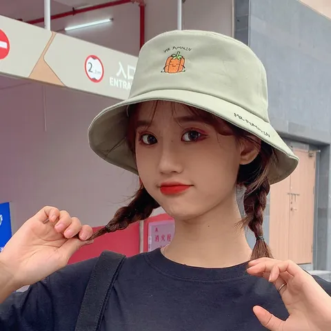 Women Japanese Style Fruit Embroidery Fisherman Hat Cute Flat Top Bucket Hat Summer Sunshade Canvas Sun Hat For Youth Student