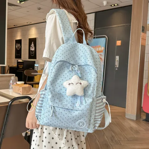 Star Print Girls Backpack School Student Korean Style Casual Travel Backpack With Plush Star Pendant Nylon Waterproof Bag