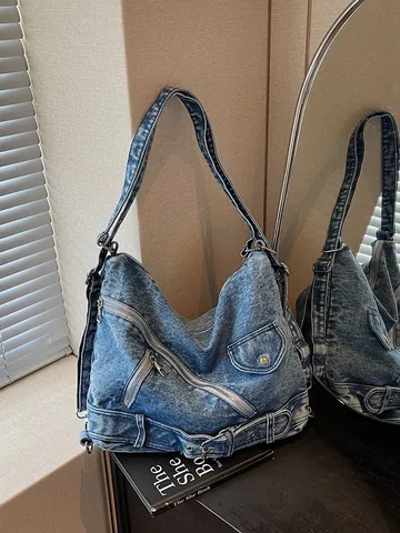 Vintage Denim Crossbody Bag For Women Washed Retro Biker Style Backpack Multi Way Large Capacity Shoulder Bag For School Students Daily Commute