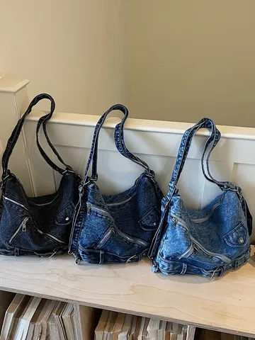 Vintage Denim Crossbody Bag For Women Washed Retro Biker Style Backpack Multi Way Large Capacity Shoulder Bag For School Students Daily Commute