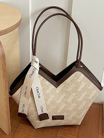 Damen Große Kapazität Geflochtene Tragetasche Trendige Kontrast PU Leder Umhängetasche Einzigartige V Form Öffnung Pendler Handtasche