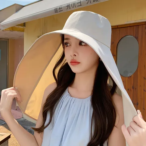 Summer Wide Brim Sun Protection Hat For Women Integrated Face Mask Neck Cover Acrylic Sunshade Foldable Casual Outdoor Hat
