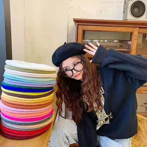 Retro Women Wool Blend Beret Hat French Style Artist Painter Cap Solid Color Warm Winter Flat Cap Female Fashion Accessory