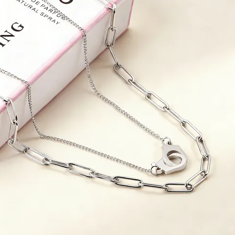 Double Layered Stainless Steel Handcuff Pendant Necklace For Women Gold Silver Plated Paperclip Chain Fashion Jewelry