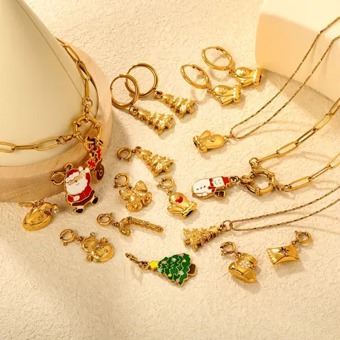 18K Gold Plated Stainless Steel Christmas DIY Charms Enamel Santa Snowman Elk Tree Pendants For Jewelry Making Festive Party Accessory