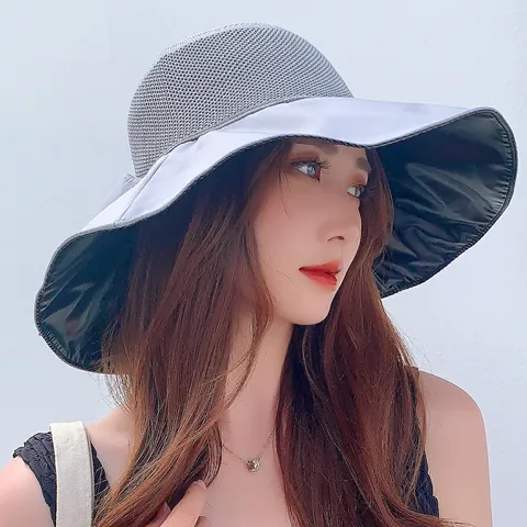 Women Summer Acrylic Sun Hat Large Brim Hollow Bucket Hat UV Protection Black Glue Coating Bow Decoration Fisherman Hat
