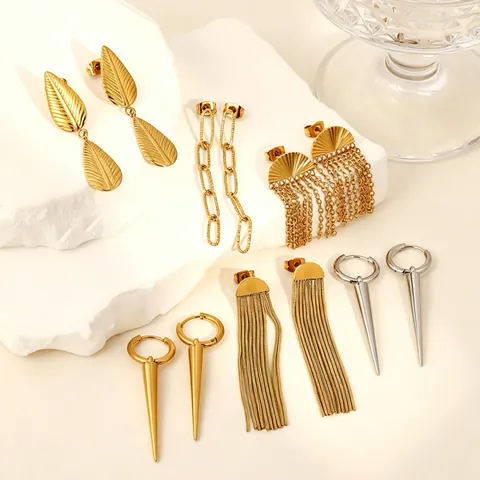 Personality Fan Splicing Chain Tassel Leaf Drop Earrings For Women Stainless Steel Gold Plated Geometric Punk Dangle Jewelry Gift