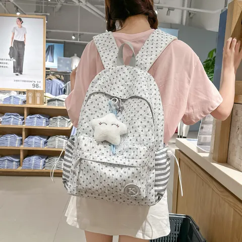 Star Print Girls Backpack School Student Korean Style Casual Travel Backpack With Plush Star Pendant Nylon Waterproof Bag