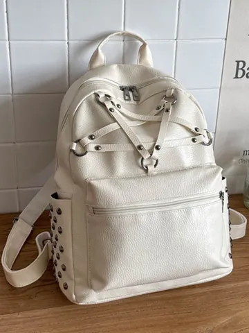 Fashion Women PU Leather Punk Pentagram Rivet Backpack Large Capacity Gothic School Bookbag Casual Travel Daypack Shoulder Bag