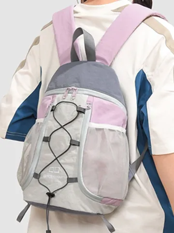 Women Outdoor Casual Nylon Backpack Color Block Waterproof Travel Daypack With Crisscross Drawstring And Mesh Pockets For Teenagers