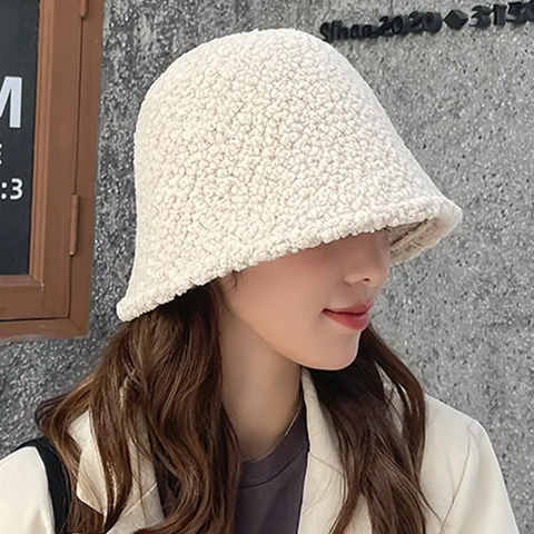 Japanese Style Lamb Wool Bucket Hat For Women Winter Warm Thickened Fisherman Hat Retro Knitted Plush Basin Hat Soft Yarn Hat